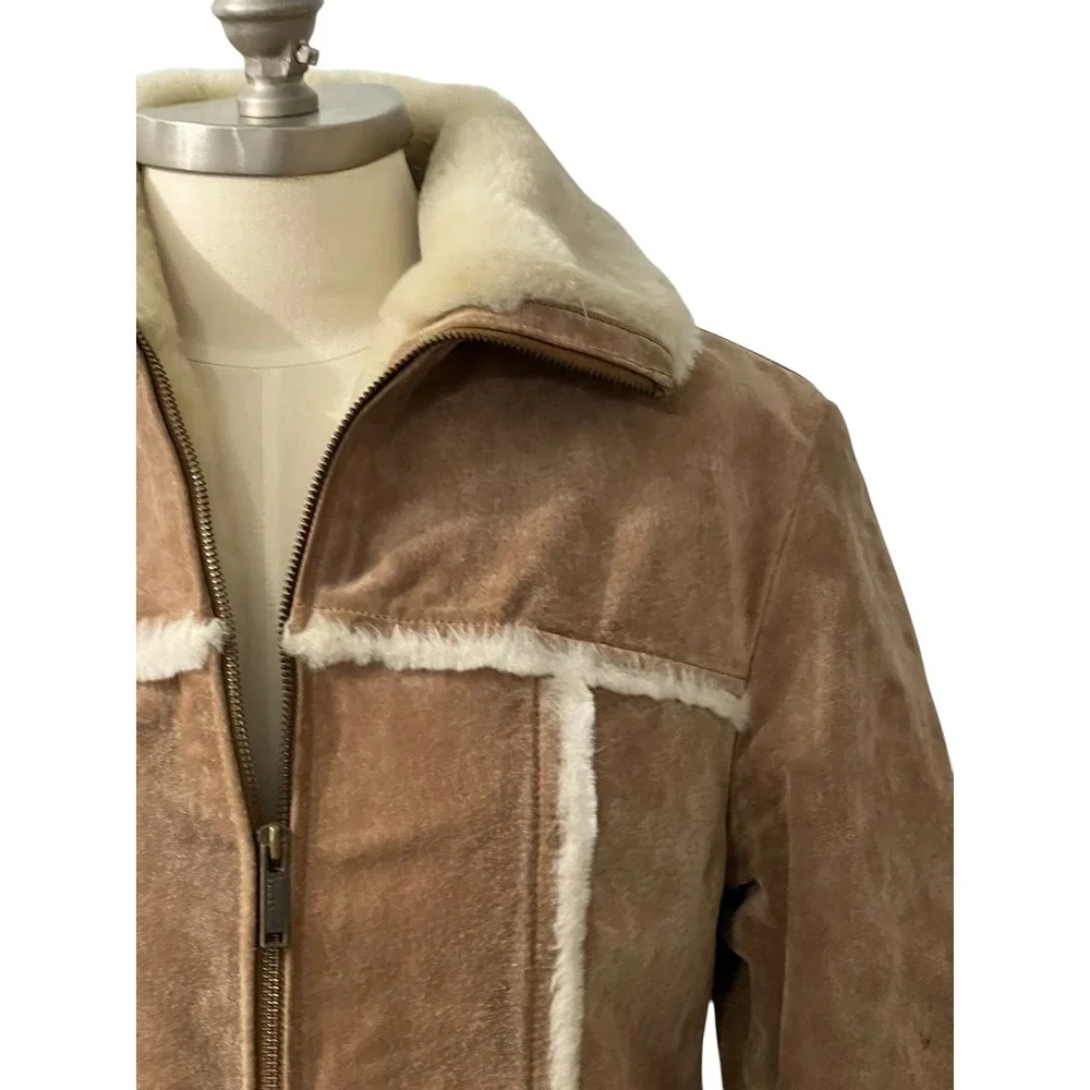 Wilsons Leather‎ Maxima Tan Suede Faux Shearling Fur Trim Zip Jacket Medium